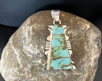 Navajo Blue #8 Turquoise Inlay Pendant | Sterling Silver | 2" | Authentic Native American Handmade | 15682