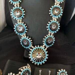 Zuni Ultra Rare Sunface Onyx Turquoise Inlay Squash Blossom Necklace And Bracelet | Sterling Silver Navajo Necklace | Handmade Jewelry 16679