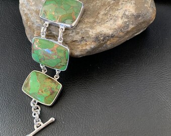 Green Mojave Turquoise Link Bracelet | Sterling Silver | 8" | Southwestern Handmade | 11646