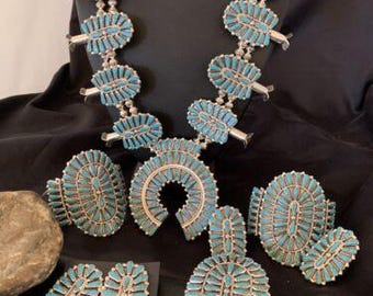 Navajo Blue Turquoise Squash Blossom Necklace | Sterling Silver | 7Pc Cluster Pendant | 12084