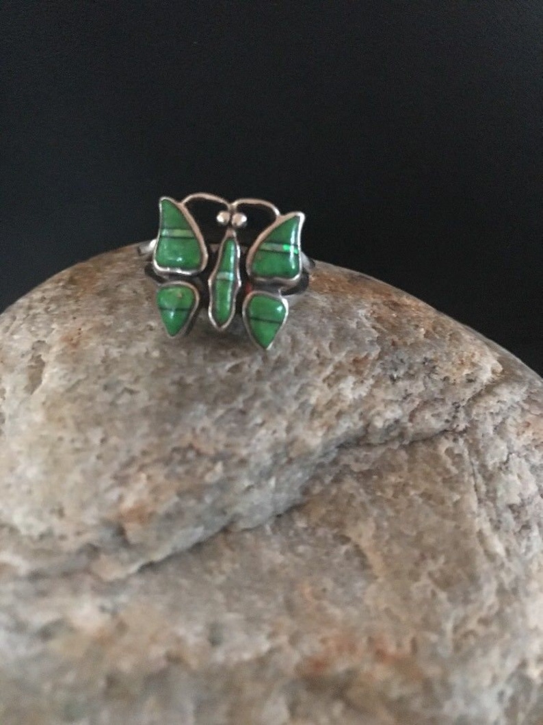 Native American Old Pawn Navajo Sterling Silver Butterfly Green Turquoise Opal Ring Sz 7