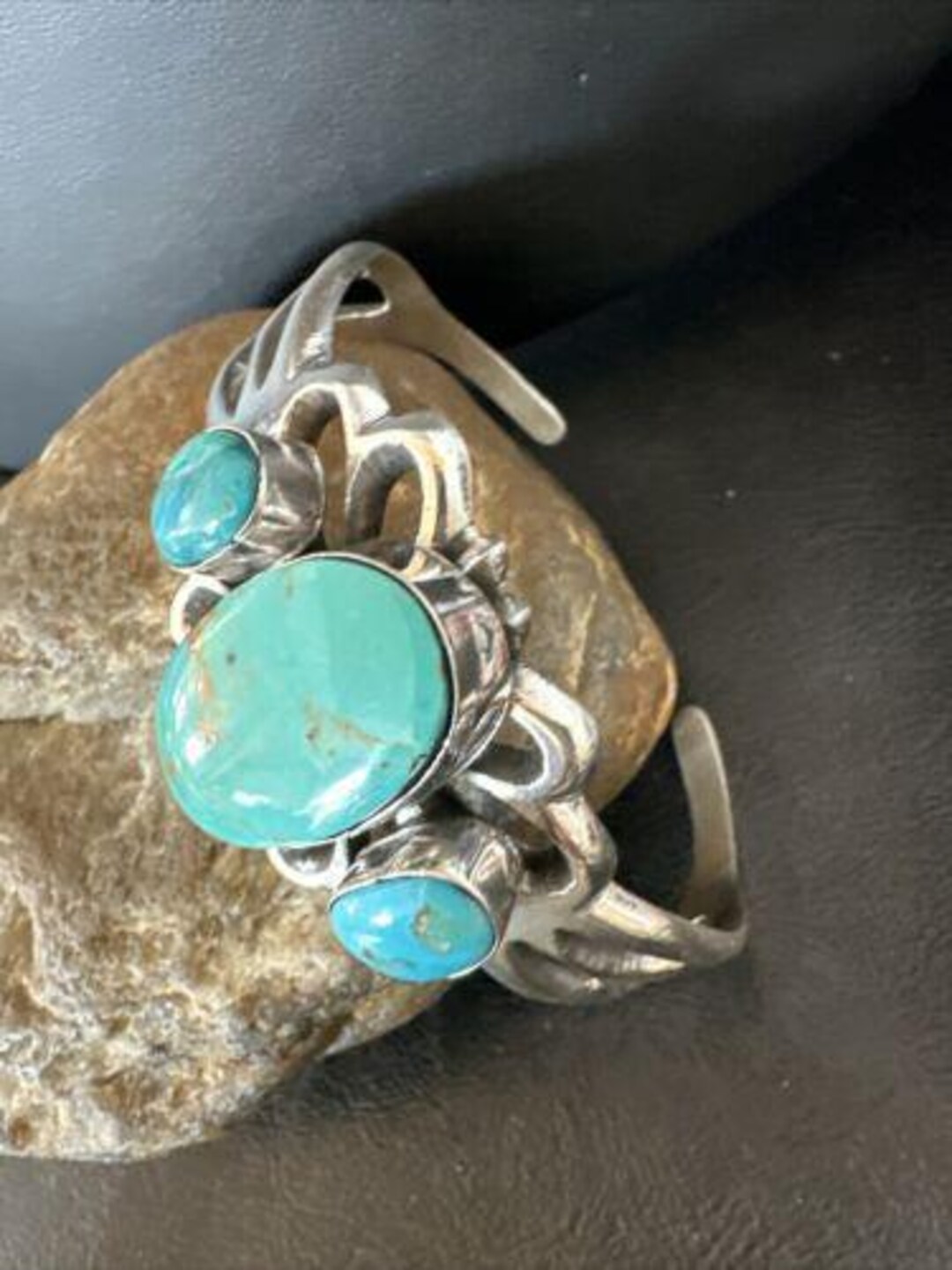 Kingman Turquoise Navajo Cuff Bracelet | Sterling Silver Tufa Cast ...