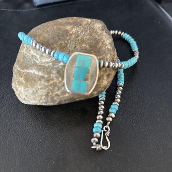Navajo Blue Turquoise Inlay Pendant Necklace | Sterling Silver
