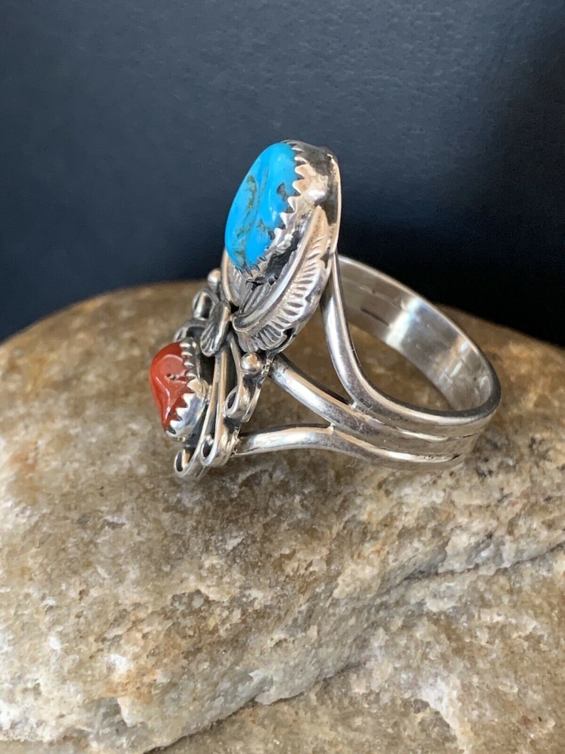 Native American Navajo Kingman Turquoise Coral Ring Sterling Silver Size 14