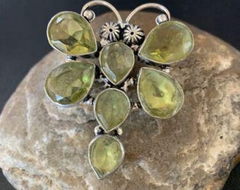 Navajo Dragonfly Pendant | Faceted Green Peridot Cluster | Authentic Native American Sterling Silver | Multi-Stone | 2.25" | 12741