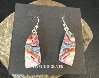 Navajo Blue Turquoise Purple Spiny Oyster Inlay Dangle Earrings | Sterling Silver | 15566