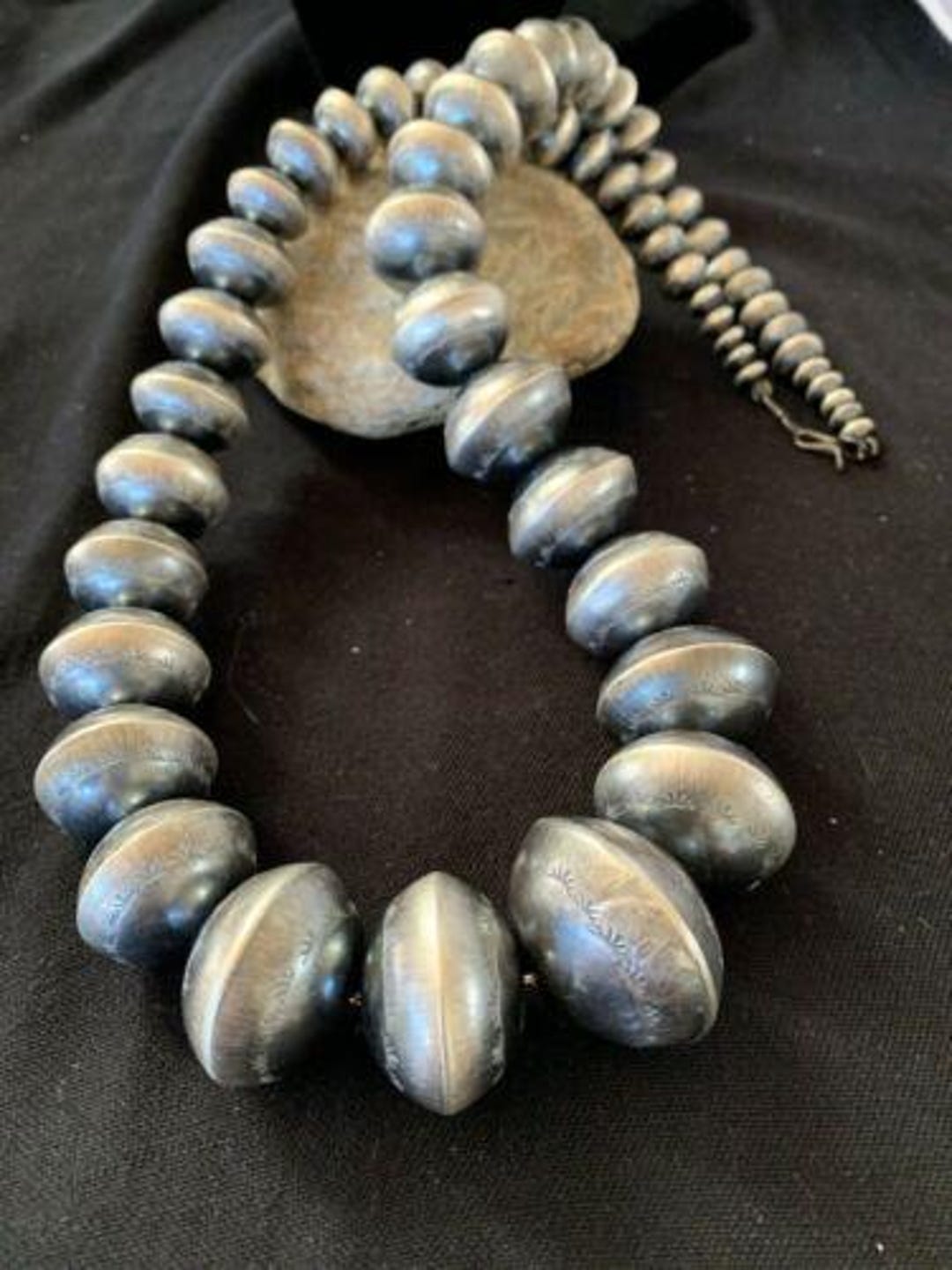 Navajo Handmade Stamped Sterling Silver Graduated Necklace