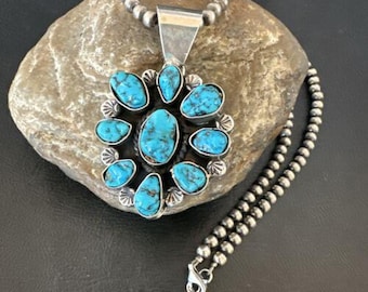 Navajo Blue Kingman Turquoise Cluster Pendant Sterling Silver