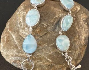Navajo Blue Larimar Bracelet | Sterling Silver 7 Link | 8" | Authentic Native American Handmade | 16086