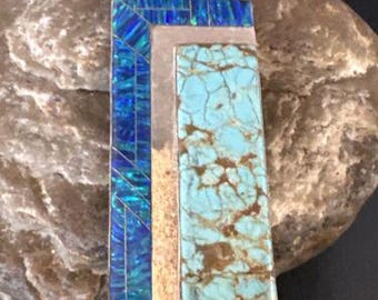 Men's Women's Blue #8 Turquoise Opal Inlay Pendant | Navajo Sterling Silver | 15198
