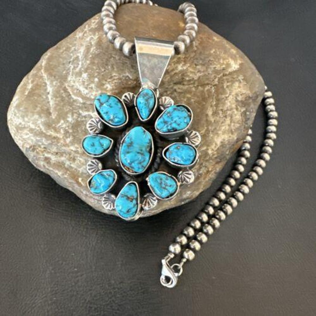 Navajo Blue Kingman Turquoise Cluster Pendant | Sterling Silver | 2 ...
