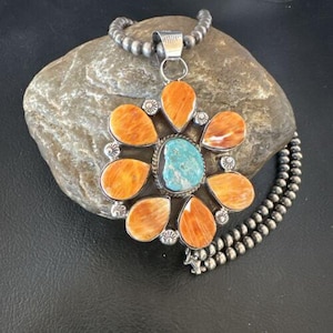 Navajo Blue Turquoise | Spiny Oyster Pendant Necklace | Sterling Silver Pendant | Multi-Stone | 16861 | Native Navajo Gemstone Jewelry |