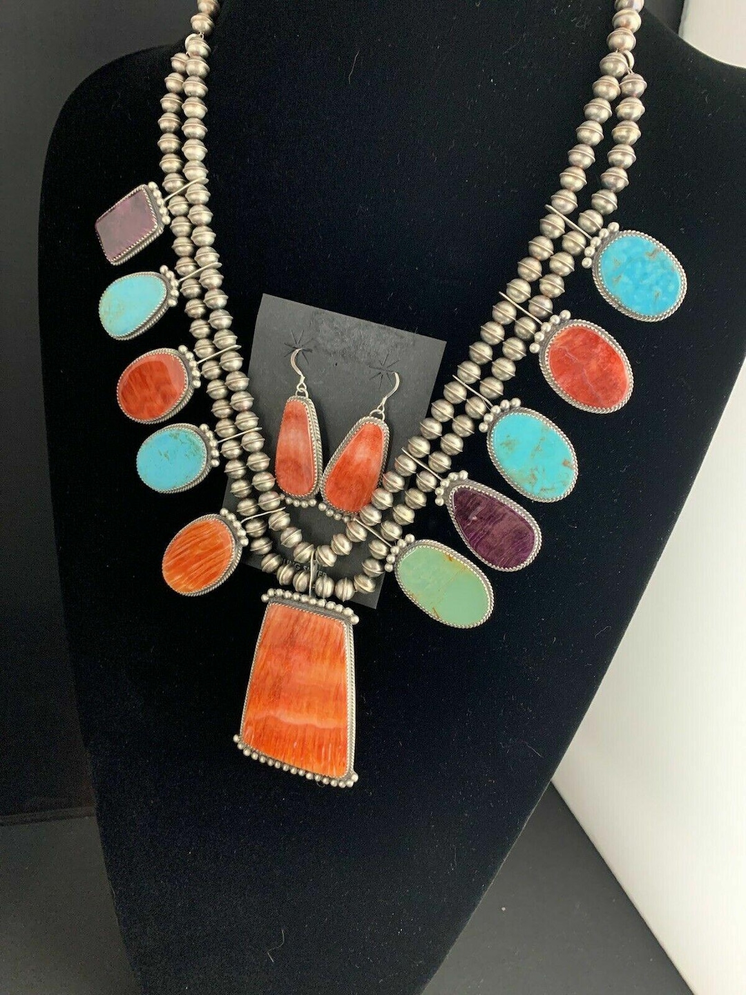 95×182 ヴィンテージマスタード　シノワズリ柄 Navajo XL Spiny Oyster Squash Blossom Necklace | Sterling Silver