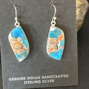 Navajo Blue Turquoise & Orange Spiny Oyster Inlay Dangle Earrings | Sterling Silver Earrings | Ethnic Boho Jewelry | Drop Earrings | 15585