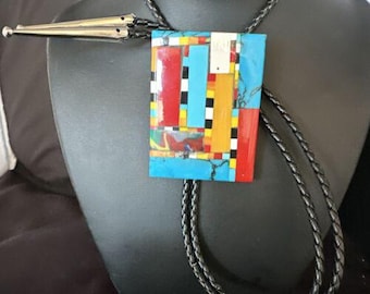 Men's Turquoise Orange Spiny Oyster Bolo Tie | Santo Domingo | Sterling Silver | 15500