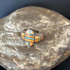 Southwestern Women&#39;s Navajo Blue Turquoise Spiny Oyster Inlay Ring | Sz 7 | 14556