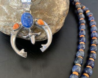 Navajo Blue Lapis Spiny Oyster Naja Pendant | Sterling Silver | Authentic Native American Handmade | 11491