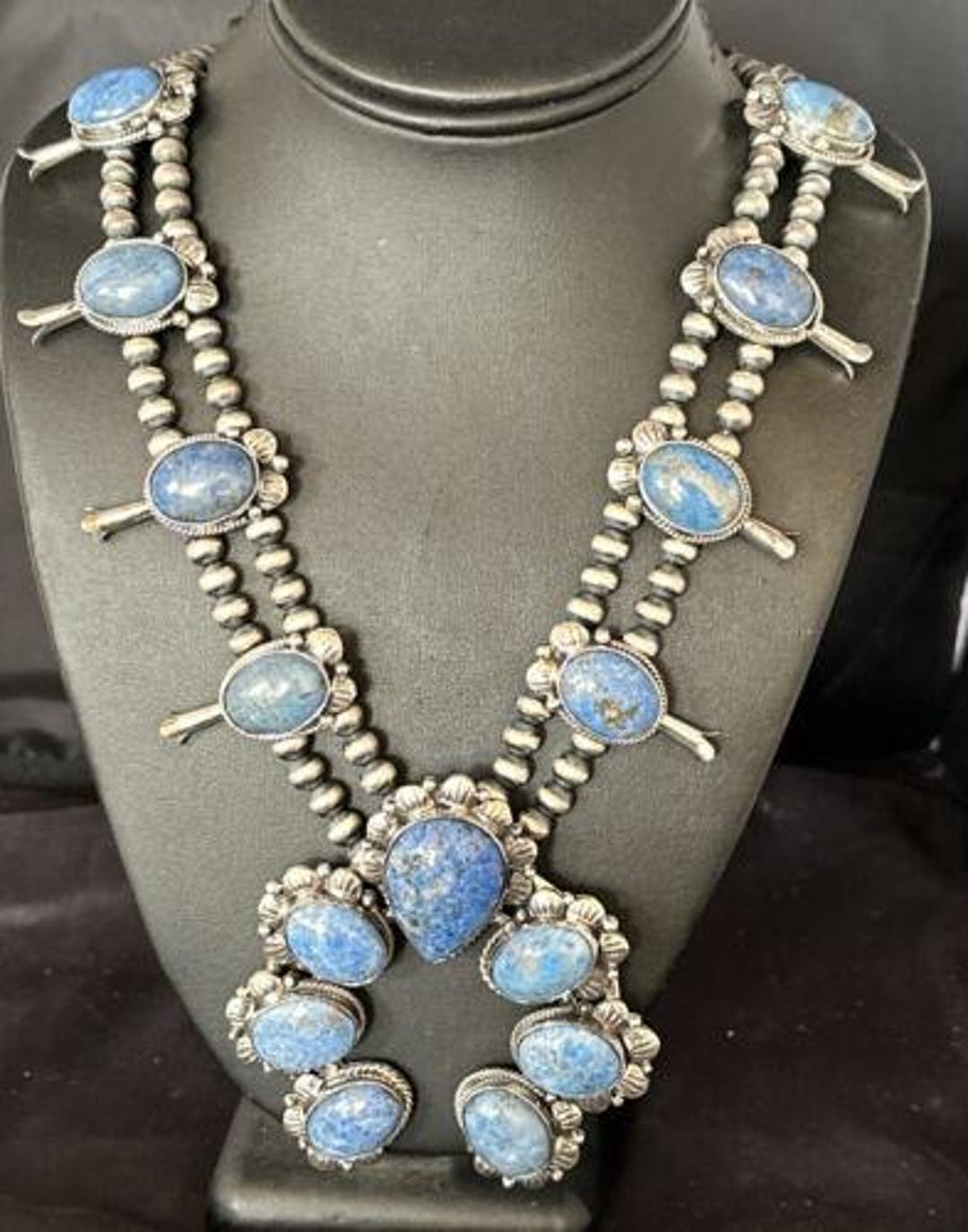 Navajo Sterling Silver Denim Lapis Pendant Necklace | Naja Squash