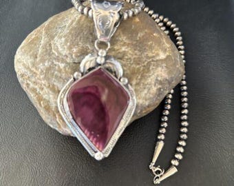 Purple Spiny Oyster Pendant Necklace Sterling Silver Handmade Southwestern Jewelry Artisan Shell Statement Necklace Gift for Her 14662