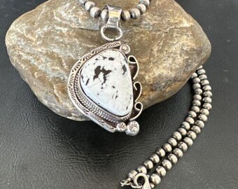 Navajo White Buffalo Turquoise Pendant Necklace Sterling Silver