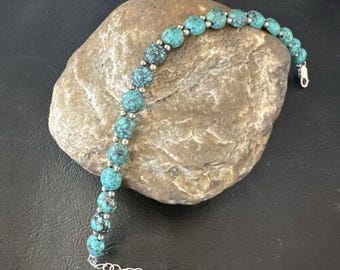 Southwestern Blue Turquoise Bead Link Bracelet | Sterling Silver | 8" | 17231
