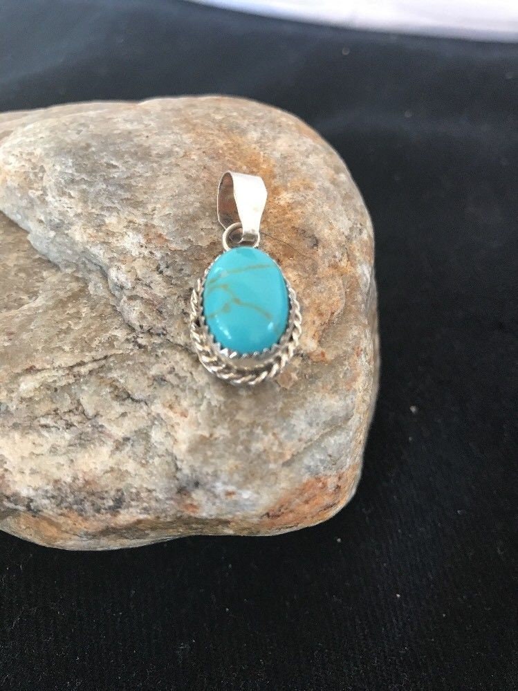 Signed Pendant Navajo Kingman Turquoise Pendant Sterling Silver