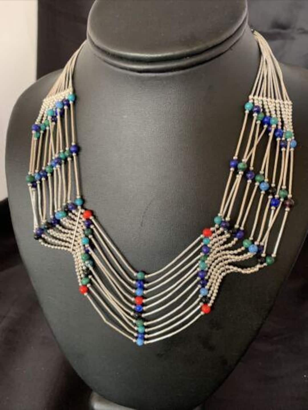 Native American Multi-color Liquid Heishi Necklace | 10 Strand Sterling ...