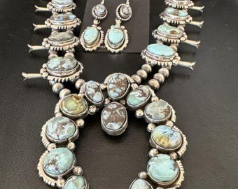 Navajo Blue Golden Hills Turquoise Squash Blossom Necklace & Earrings | Sterling Silver | 17210