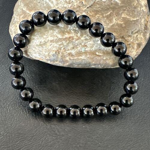 Black Onyx Bead Stretch Bracelet 7mm 7.5 Sterling Silver