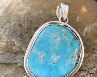 Navajo Blue Bisbee Turquoise Pendant | Sterling Silver | 1.5" | Authentic Native American Handmade | 1623