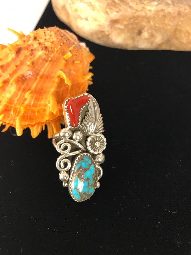 Native American Indian Jewelry Sterling Silver Turquoise Coral Ring Size 8
