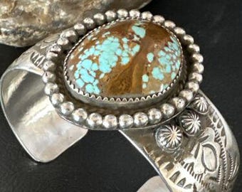 Navajo Men's Blue #8 Turquoise Cuff Bracelet | Sterling Silver | Authentic Native American Handmade | 15856