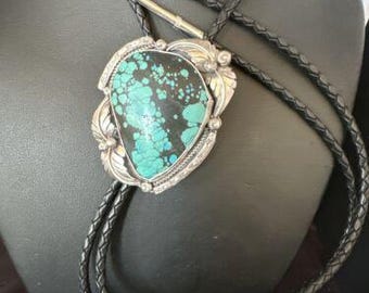 Men's Blue Spiderweb Turquoise Bolo Tie | Navajo Sterling Silver | Authentic Native American Handmade | 15007