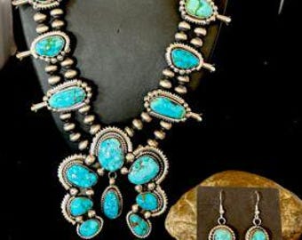 Navajo Ultra Rare Sonoran Mountain Blue Turquoise Squash Blossom Necklace Set | Sterling Silver | 17209