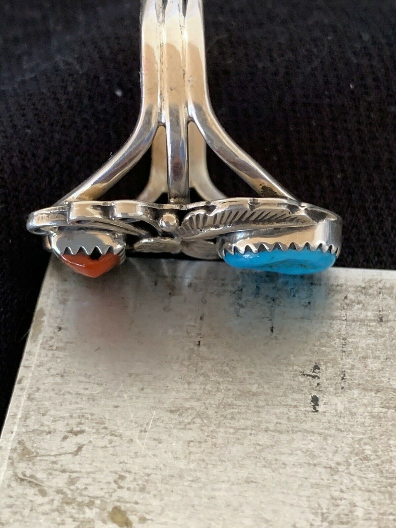 Native American Navajo Kingman Turquoise Coral Ring Sterling Silver Size 14