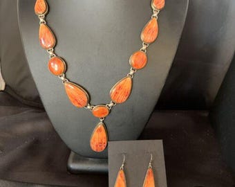 Navajo Lariat Necklace with Orange Spiny Oyster Earrings | Sterling Silver Pendant | 20" | Authentic Native American Handmade | 13882