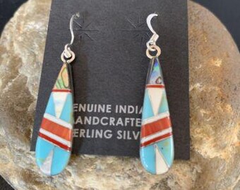 Navajo Multi-Color Turquoise Spiny Opal Inlay Earrings | Sterling Silver | 1.5" | 12999