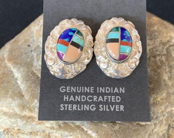Women's Multi-Color Blue Turquoise Nugget Earrings | Sterling Silver | Authentic Native American Handmade | 13014