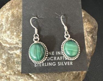 Navajo Green Malachite Dangle Earrings | Sterling Silver | Authentic Native American Handmade | 14923