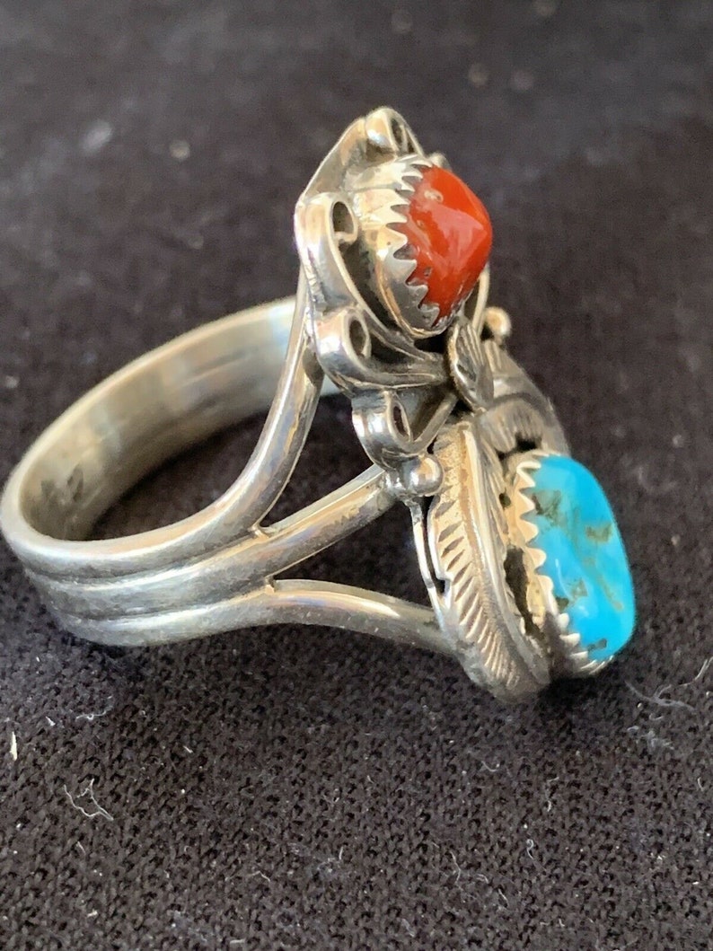 Native American Navajo Kingman Turquoise Coral Ring Sterling Silver Size 14