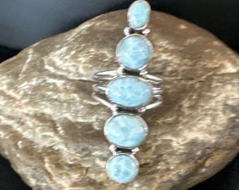 Navajo Blue Larimar Multi-Stone Ring | Authentic Native American Sterling Silver | Multi-Stone | Sz 8.5 | 16006