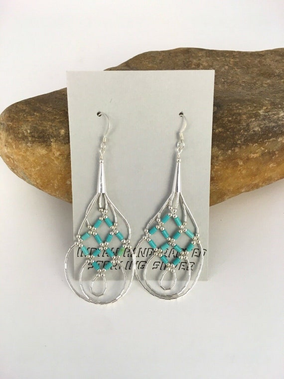 Liquid Silver Heishi Dangle Blue Turquoise Sterling Earrings