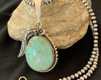 Men's Navajo Pearls | Sterling Silver | Blue Turquoise #8 Necklace & Pendant Set | 13749