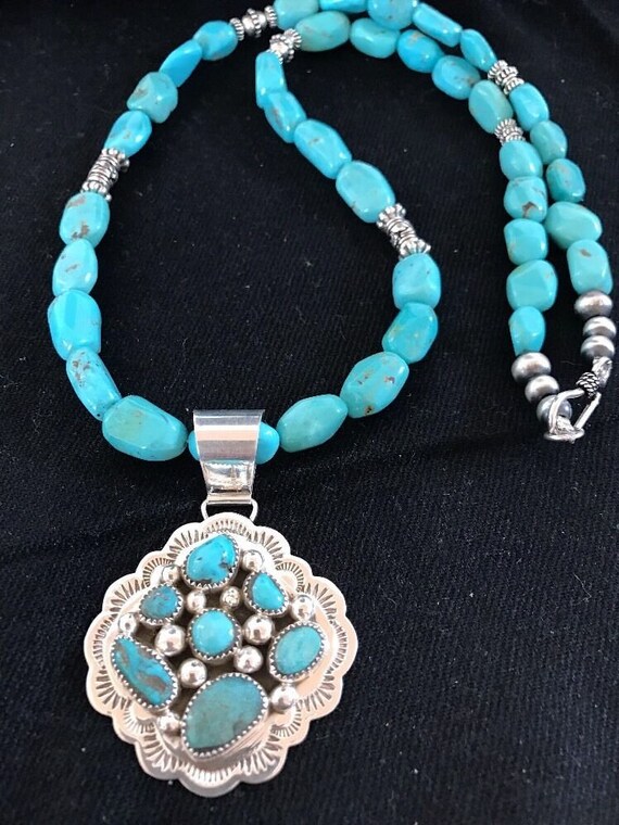 Blue Turquoise Necklace Cluster Pendant Sterling Silver Native Etsy
