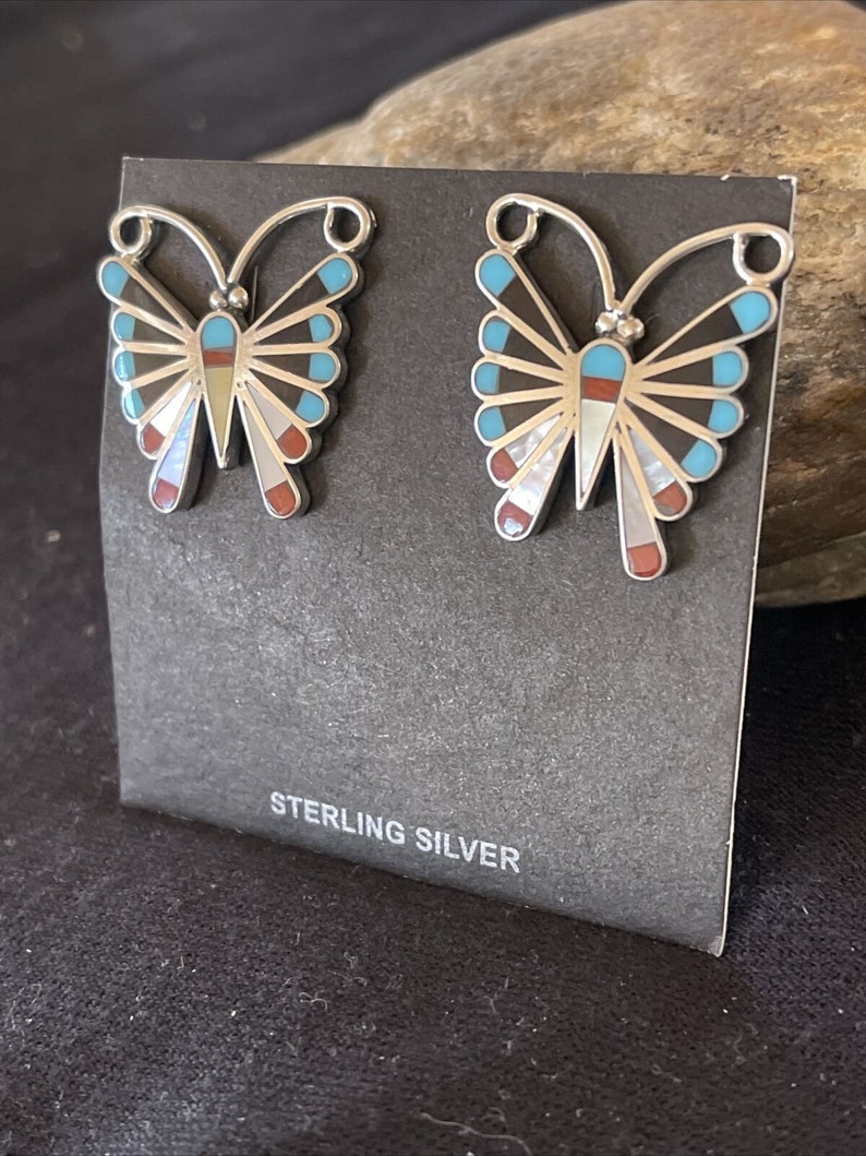 Zuni Native American Sterling Silver Inlay SB Turquoise Coral Mop Earrings 1085