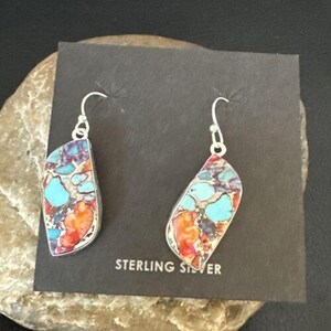 Navajo Blue Turquoise & Red Spiny Oyster Inlay Dangle Earrings | Sterling Silver Jewelry | Bohemian Jewelry | Navajo Jewelry For Her | 15579
