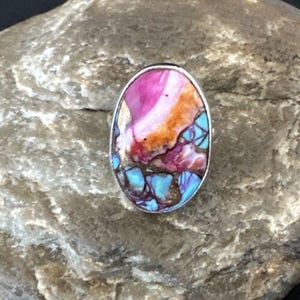 Navajo Blue Turquoise Purple Spiny Oyster Ring | Sterling Silver | Sz 8 | Authentic Native American Handmade | 16623