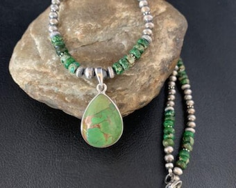 Green Mojave Turquoise Pendant Necklace | Sterling Silver | Southwestern Handmade | 13466