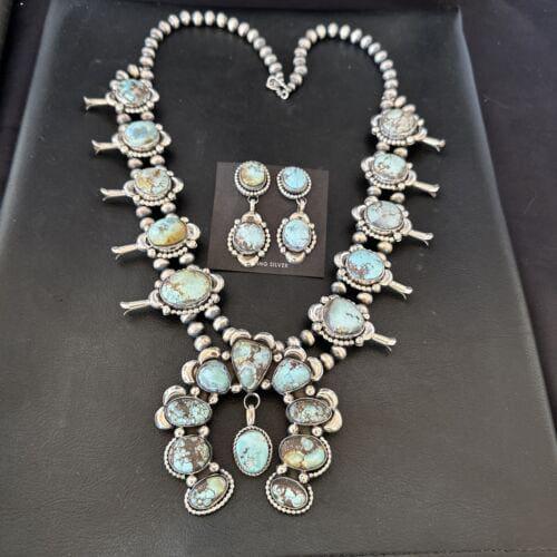 Navajo Blue Golden Hills Turquoise Squash Blossom Necklace