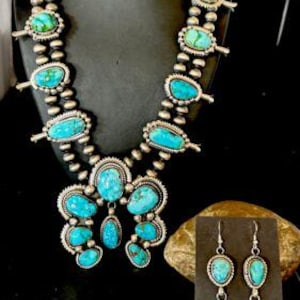 Navajo Ultra Rare Sonoran Mountain Blue Turquoise Squash Blossom Necklace Set | Sterling Silver Necklace | Squash Blossom Necklace | 17209